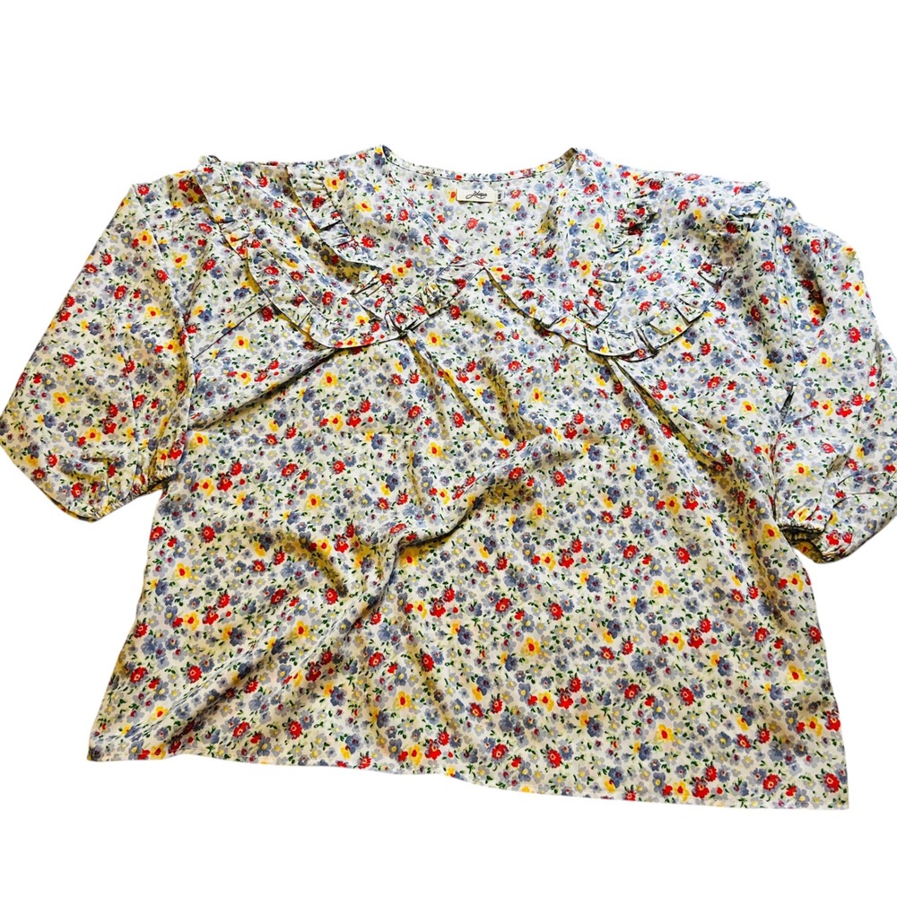 Jidapa Floral Ruffle Collar Blouse V-Neck Long Sleeve Top Multi-Color Size 48